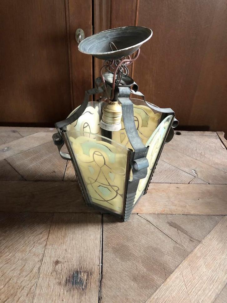 Antieke Art Nouveau/Deco Hanglamp, Huis en Inrichting, Lampen | Hanglampen, Gebruikt, Minder dan 50 cm, Glas, Ophalen of Verzenden