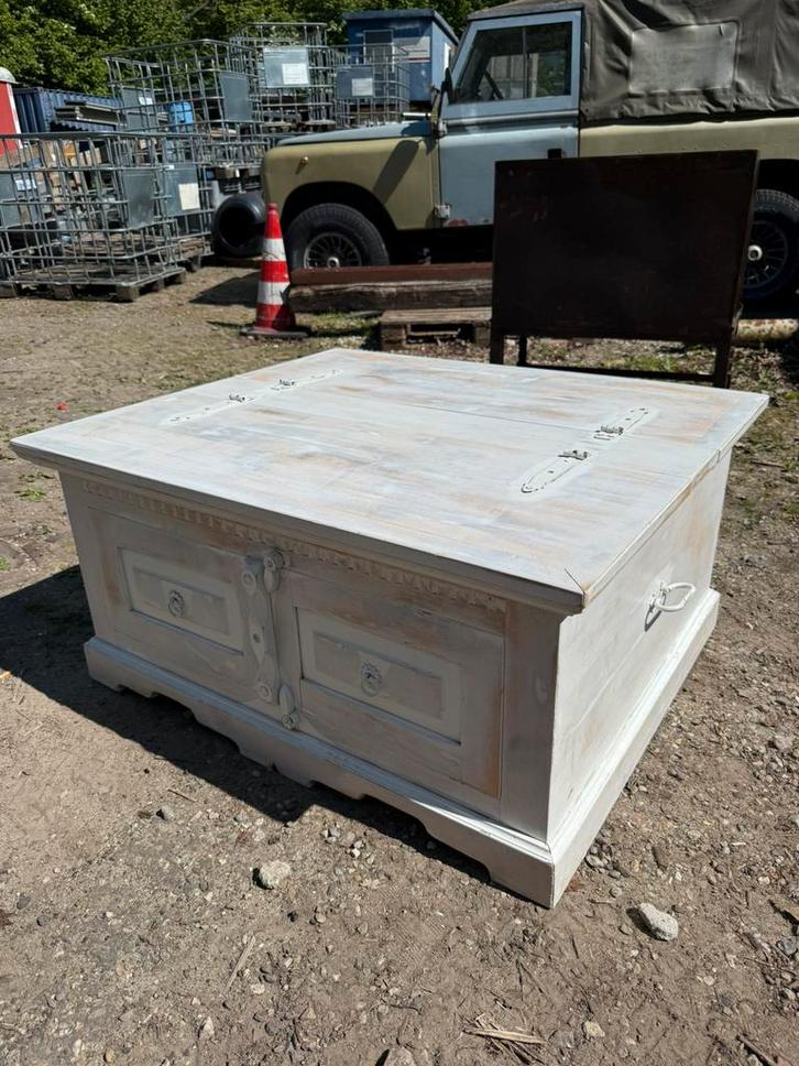 Salontafel met opbergruimte - whitewash - 90x105 cm, Huis en Inrichting, Tafels | Salontafels, Zo goed als nieuw, 50 tot 100 cm