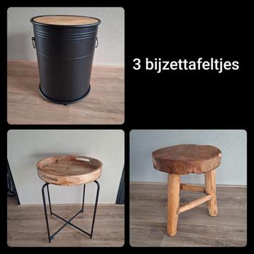 3 bijzettafeltjes (1 ton, 1 krukje, 1 dienblad op onderstel) beschikbaar voor biedingen