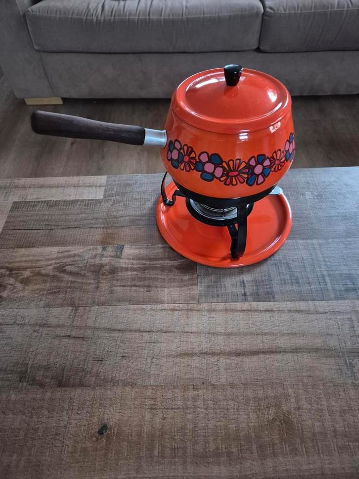 Vintage Fondue Set Oranje Bloemenprint '70, Witgoed en Apparatuur, Fonduesets, Ophalen of Verzenden