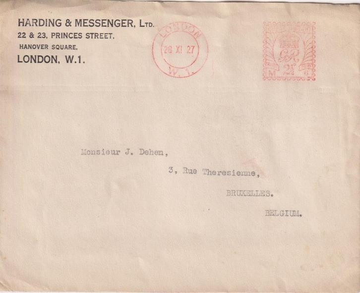 Engeland GB 1927 M44 Harding Machinestempel > België, Postzegels en Munten, Brieven en Enveloppen | Buitenland, Envelop, Ophalen of Verzenden