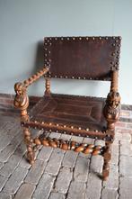 Prachtige antieke eiken kasteelstoel met leren rug & zitting, Antiek en Kunst, Antiek | Meubels | Stoelen en Banken, Ophalen of Verzenden