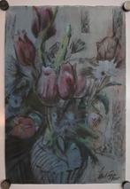 Jan van der Veer. Tulpen in vaas. Gemengde techniek. 1988., Antiek en Kunst, Kunst | Schilderijen | Klassiek, Ophalen of Verzenden