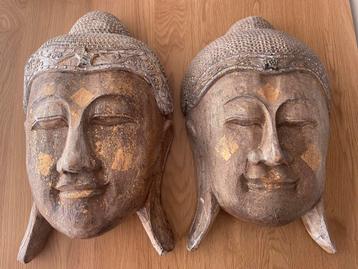 Boeddha maskers van teakhout 2 stuks (circa 47 cm)) beschikbaar voor biedingen