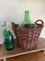 Brocante oude groene gistfles in mand, 46 cm, Ophalen