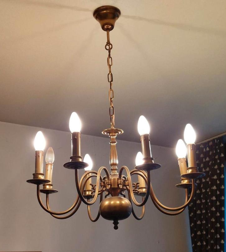 Nederlandse koperen kroonluchter acht armen Antiek messing, Huis en Inrichting, Lampen | Kroonluchters, Zo goed als nieuw, Metaal