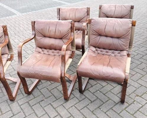 Set van 6 vintage Asko esko fauteuils bentwood leder, Huis en Inrichting, Stoelen, Gebruikt, Eén, Hout, Leer, Bruin, Ophalen