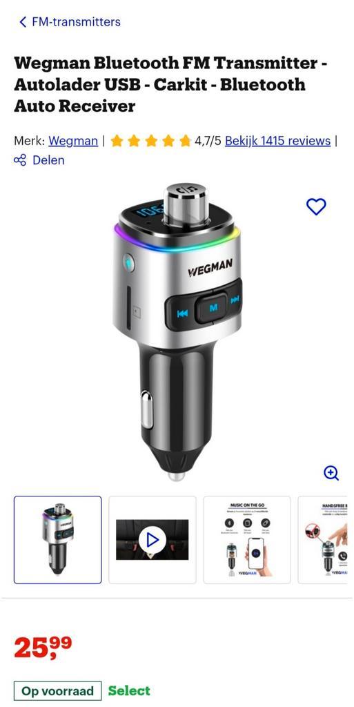 Wegman Bluetooth FM Transmitter - Autolader USB - Carkit, Auto diversen, Carkits, Zo goed als nieuw, Ophalen