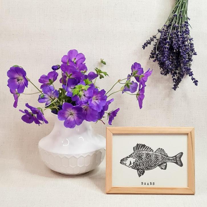 Linoleumsnede print Vis Baars formaat 10x15 met houten lijst, Huis en Inrichting, Woonaccessoires | Schilderijen, Tekeningen en Foto's