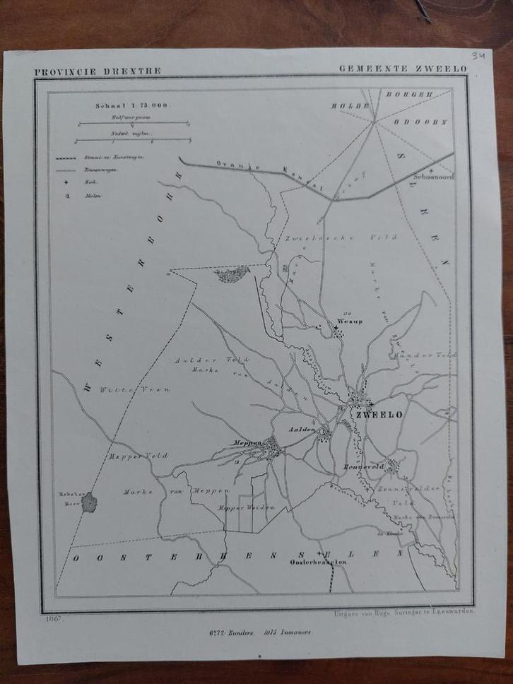 34 / Zweelo - Meppen - Wesup Litho uit 1867 van J. Kuyper, Antiek en Kunst, Kunst | Litho's en Zeefdrukken, Ophalen of Verzenden
