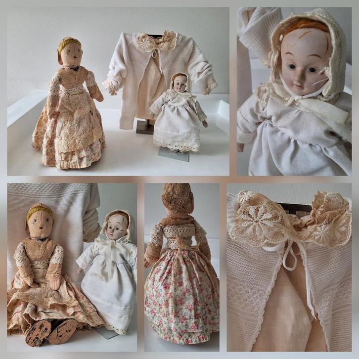 Antieke poppetjes en kleding met standaard, Antiek en Kunst, Antiek | Speelgoed, Ophalen of Verzenden