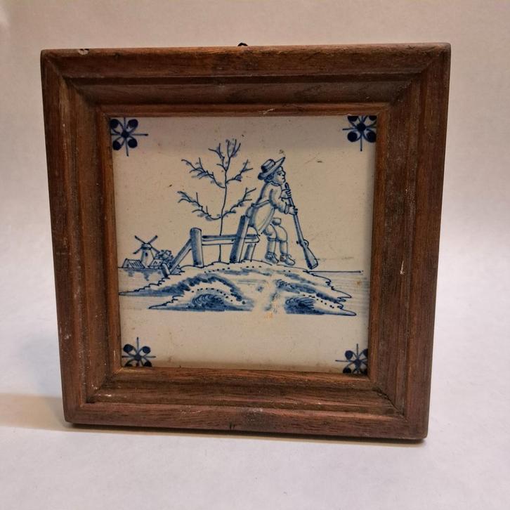 Delfts blauw tegeltje in houten lijst, Antiek en Kunst, Antiek | Wandborden en Tegels, Ophalen of Verzenden