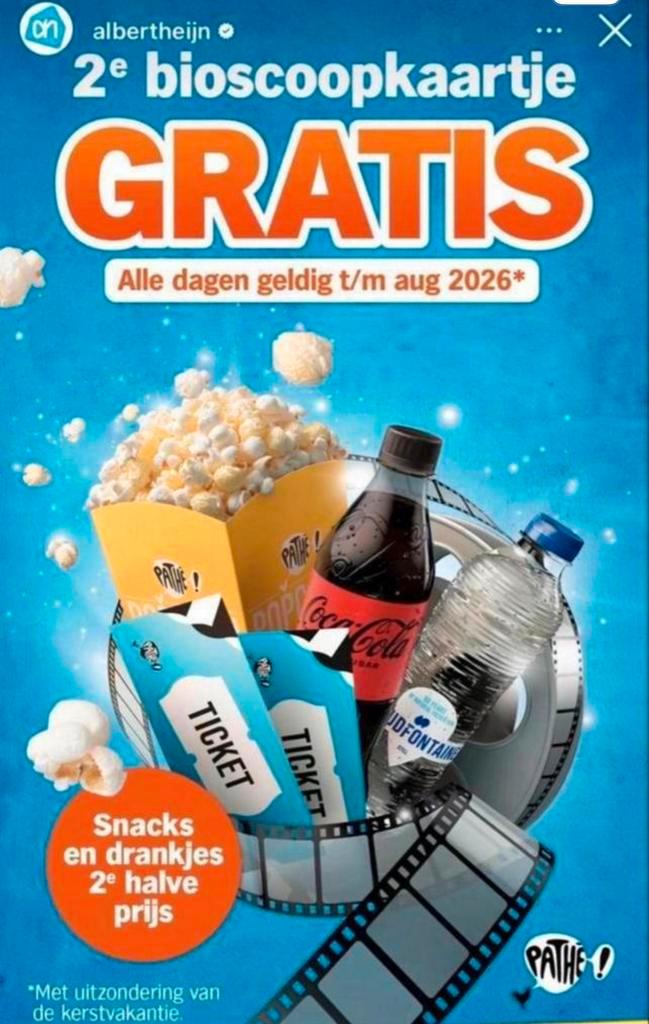 AH spaarkaart 2e bioscoopkaartje GRATIS, Tickets en Kaartjes, Evenementen en Festivals, Twee personen, Meerdaags