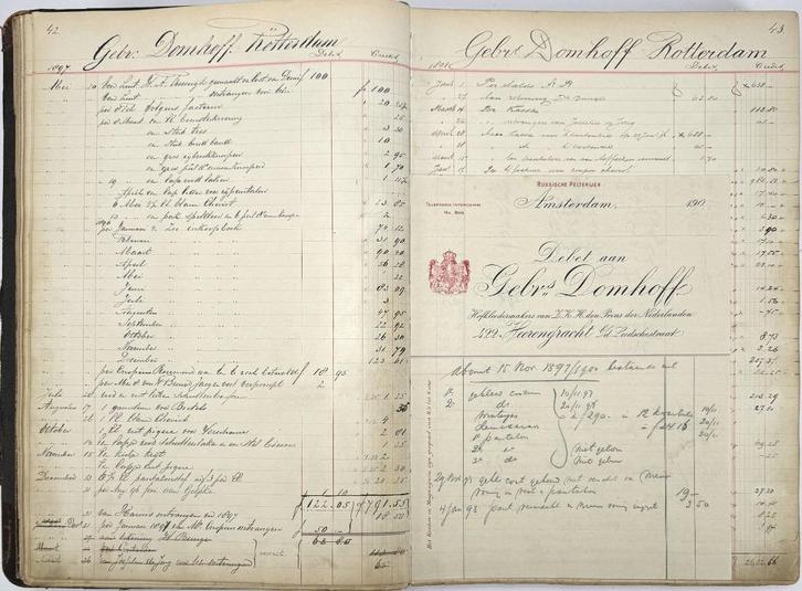 149. Leder kasboek – Gebroeders Domhoff, eind 19e eeuw, Antiek en Kunst, Curiosa en Brocante, Ophalen of Verzenden