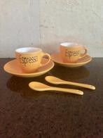 2 Gele Espresso kop en schotels met lepels, Antiek en Kunst, Ophalen