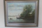Olieverfschilderij F. Vos ; Kijk op water, Antiek en Kunst, Ophalen