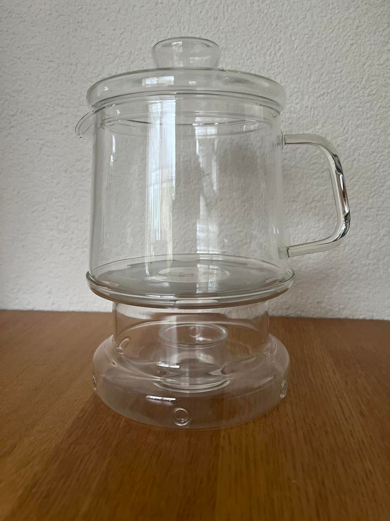 Vintage glazen theepot met theelichthouder, Ophalen of Verzenden, Gebruikt