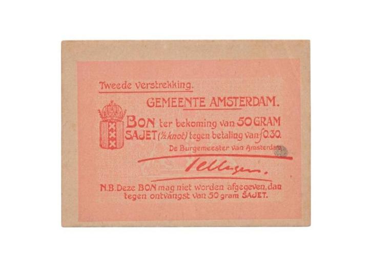 Amsterdam Bon voor 50 gram Sajet (1/2 knot), Postzegels en Munten, Bankbiljetten | Nederland, Los biljet, Ophalen of Verzenden