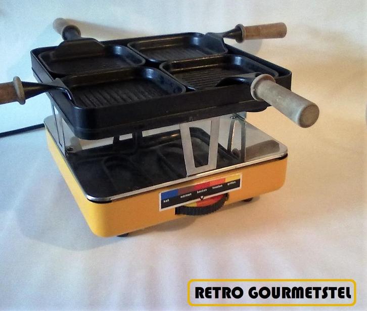 retro vintage gourmet stel set pannetjes geel, Witgoed en Apparatuur, Gourmetstellen, Gebruikt, 4 t/m 7 personen, Ophalen of Verzenden