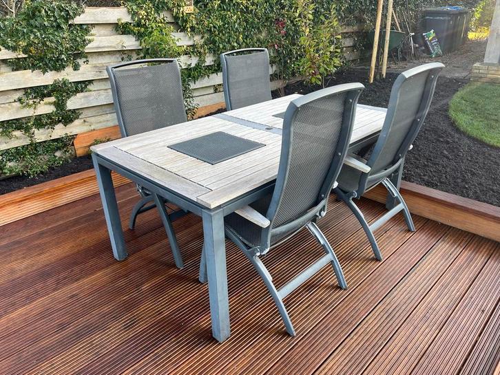 Hartman tuinset: tafel + 4 verstelbare stoelen + kussens, Tuin en Terras, Tuinsets en Loungesets, Gebruikt, Tuinset, Aluminium