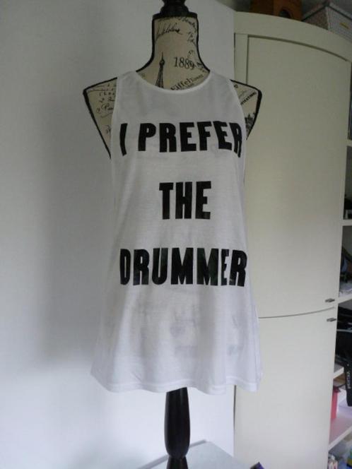 Open wit top met zwarte opdruk I Prefer the Drummer, van Div, Kleding | Dames, Tops, Zo goed als nieuw, Maat 36 (S), Wit, Zonder mouw