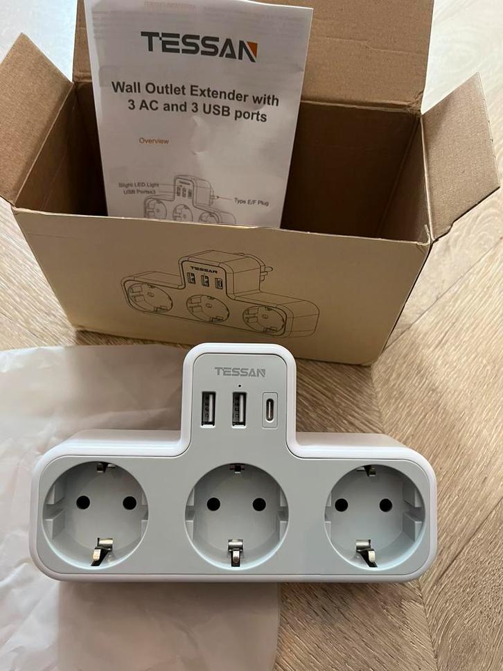 Nieuw in doos – TESSAN Ladron stekkerdoos, 2 USB + 1 USB-C, Doe-het-zelf en Verbouw, Elektra en Kabels, Nieuw, Stopcontact, Ophalen of Verzenden