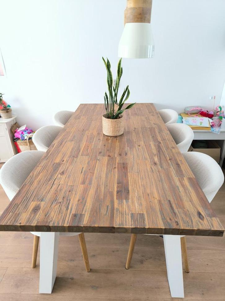 Eettafel hout met wit, Huis en Inrichting, Tafels | Eettafels, Zo goed als nieuw, 50 tot 100 cm, 200 cm of meer, Vijf personen of meer