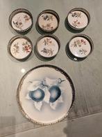 Vintage onderzetters met houder + schaaltje – bloemenmotief, Ophalen of Verzenden