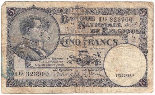 België - Bankbiljet van 5 frank 1938, Postzegels en Munten, Bankbiljetten | België, Los biljet, Ophalen of Verzenden