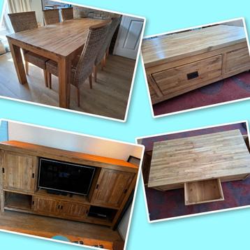 Teak eettafel, salontafel en tv-meubel beschikbaar voor biedingen