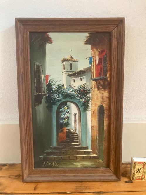 mediterraans schilderijtje doorkijkje straatje traptreden, Antiek en Kunst, Kunst | Schilderijen | Klassiek, Ophalen of Verzenden
