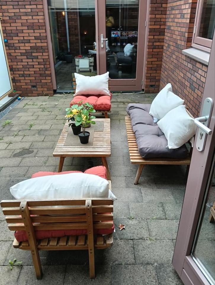 Houten Tuinset, Tuin en Terras, Tuinsets en Loungesets, Gebruikt, Tuinset, Hout, 4 zitplaatsen, Bank, Bijzettafel, Stoel, Ophalen