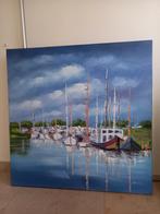 canvas schilderij  HAVEN MET ZEILBOTEN 100x100 x5 cm., Ophalen, Nieuw, Schilderij, 75 tot 100 cm