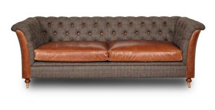 Chesterfield stof Baltimore bank Harris tweed cognac leer, Huis en Inrichting, Banken | Bankstellen, Nieuw, 75 tot 100 cm, Stof