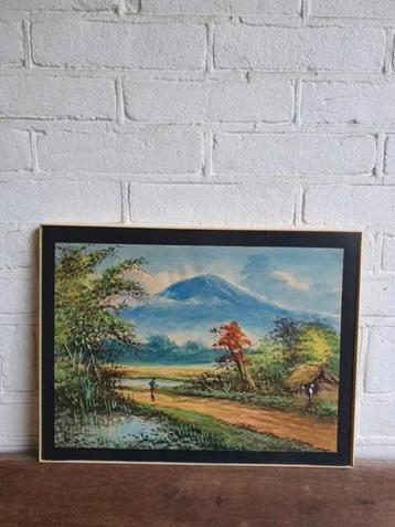 Indonesie op papier mensen hut vuurboom vulkaan gesigneerd beschikbaar voor biedingen