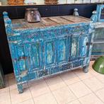Zeer unieke blauwe Damciya / Damchia Dressoir uit India, Gebruikt, 100 tot 150 cm, Teakhout, Ophalen of Verzenden