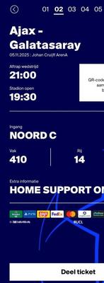 Ajax - Galatasaray Tickets, Tickets en Kaartjes, Losse kaart, Twee personen, November, Europa of Champions League