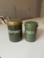 Antiek Emaille Beschuit & Suiker Blik Reseda Groen, Ophalen, Gebruikt