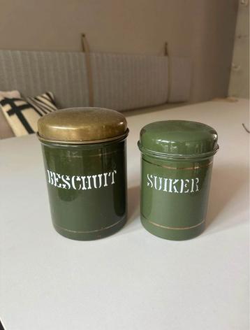 Antiek Emaille Beschuit & Suiker Blik Reseda Groen beschikbaar voor biedingen