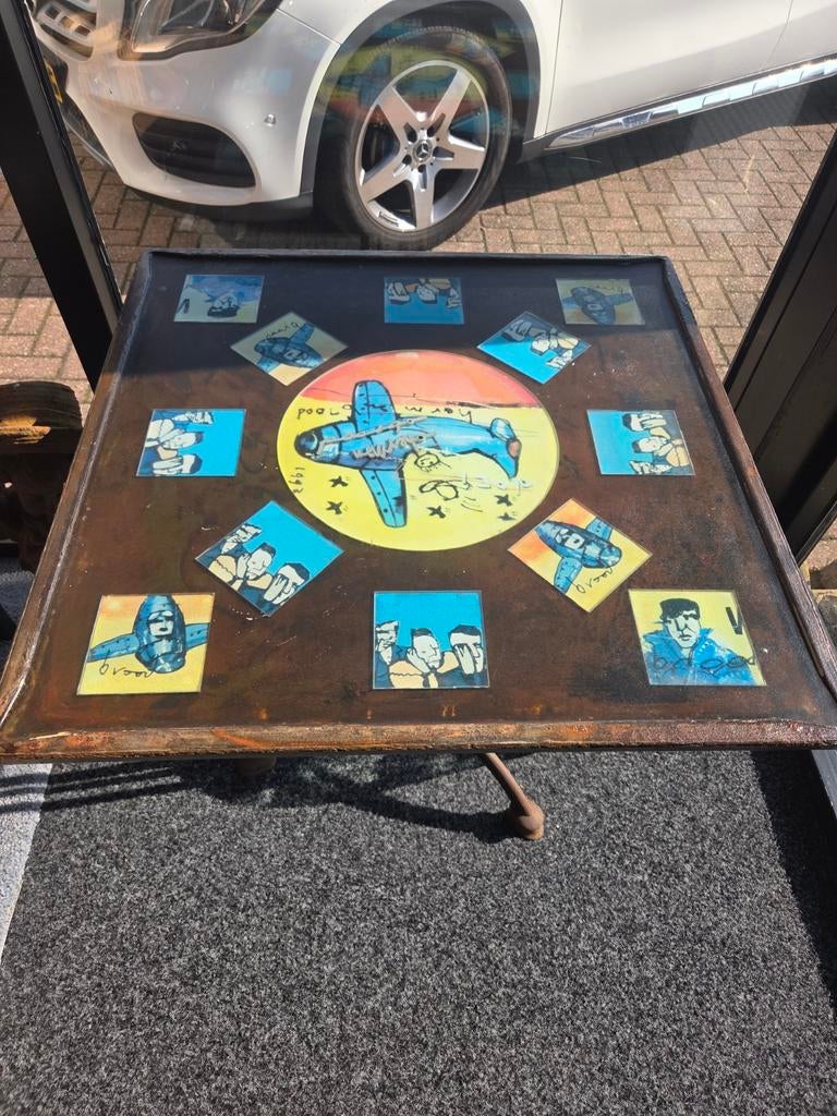 Unieke Herman Brood terrastafel met klok en onderzetters, Ophalen of Verzenden, Gebruikt, Vierkant, Hout