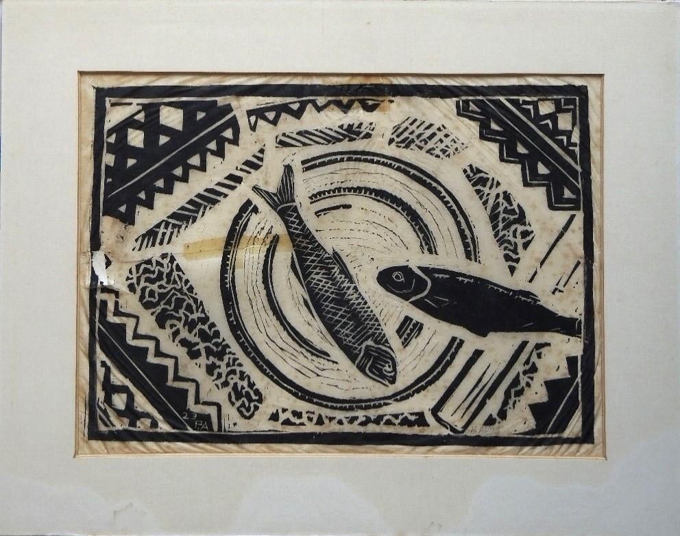 Pieter Alma houtsnede "Vissen op Bord", 1923, passepartout, Ophalen, Minder dan 50 cm, Gebruikt, Oorspronkelijke maker