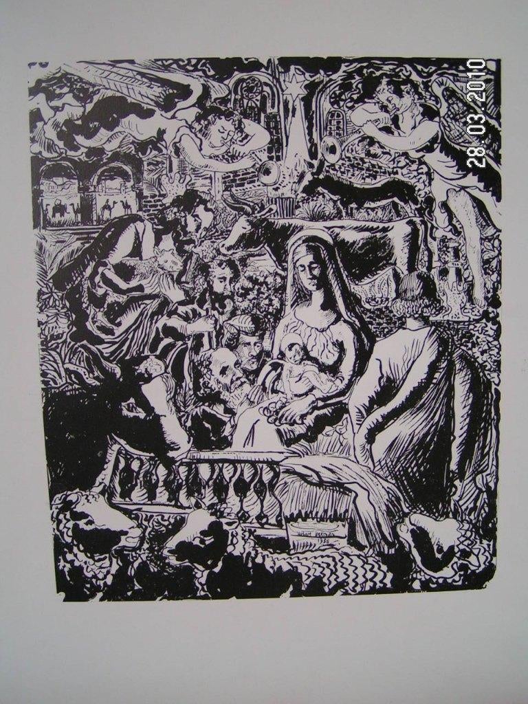 Hubert Bekman prachtige houtgravure ets Maria en dieren, Ophalen of Verzenden