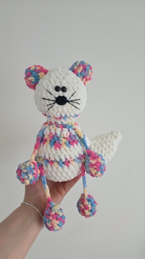 Gehaakte knuffel kat/vos wit met kleurrijke accenten, Ophalen of Verzenden