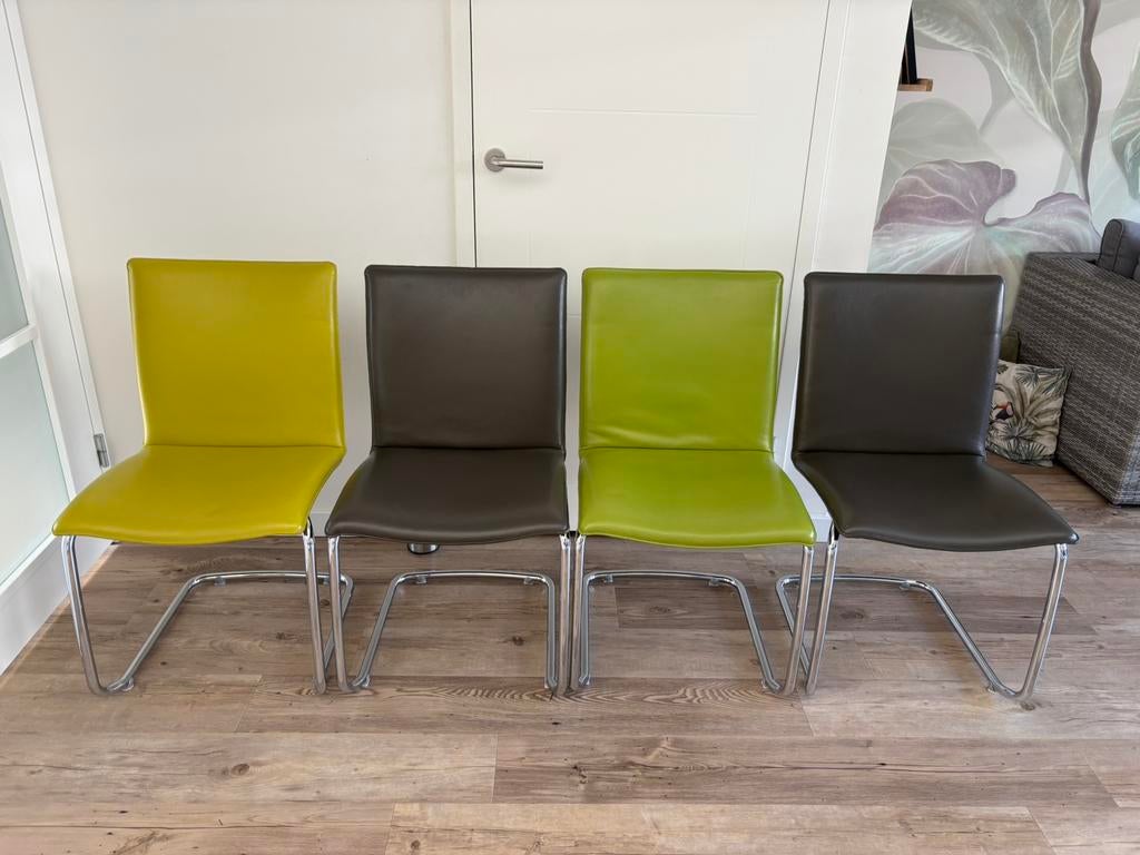 4 Leolux Freyr design leren eetkamerstoelen leer, Huis en Inrichting, Stoelen, Ophalen, Gebruikt, Overige kleuren, Vier