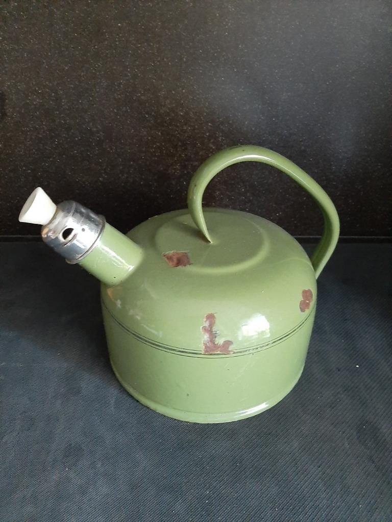 Vintage Groene Emaille Theeketel met Fluitje, Ophalen of Verzenden