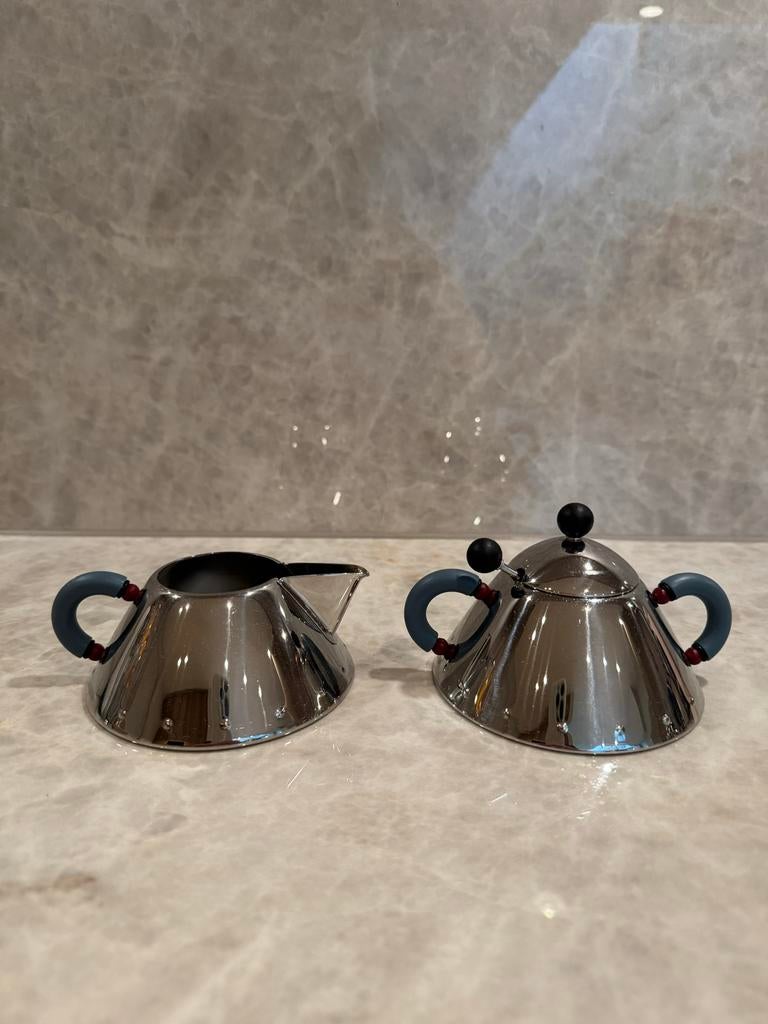 Alessi Melk en Suiker Setje - Chroom met Grijze Handvatten, Overige materialen, Overige typen, Ophalen of Verzenden, Zo goed als nieuw