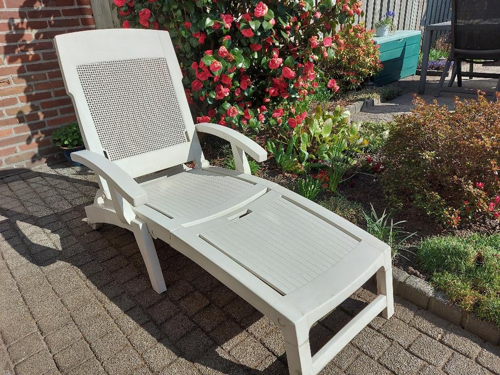 wit kunststof ligbed met kussen, Tuin en Terras, Ligbedden, Ophalen, Gebruikt, Kunststof, Verstelbaar