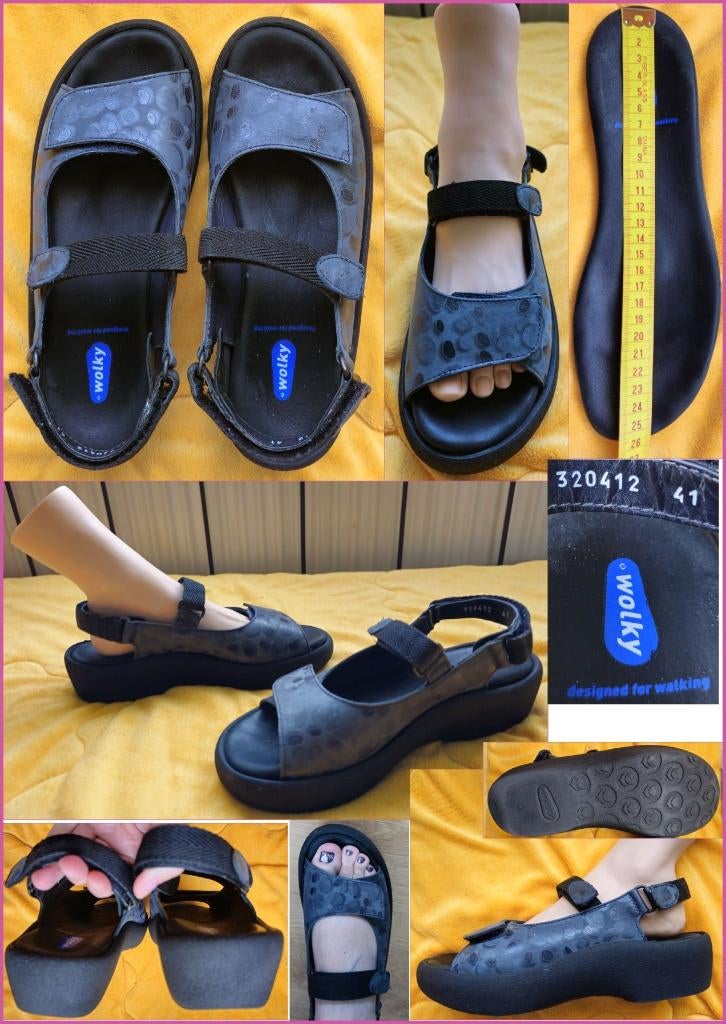 WOLKY antraciet-blauwe leren sandalen maat 41->40 zgan, Wolky, Ophalen of Verzenden, Grijs, Sneakers of Gympen