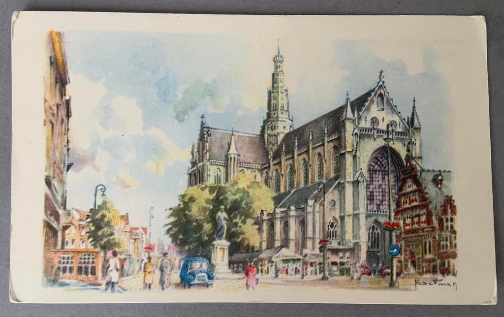 Haarlem, St. Bavo. Grote Markt, aquarel Henk M. Hoefman, Ophalen of Verzenden, Ongelopen, Noord-Holland