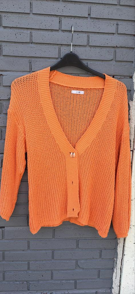 Oranje gebreid vest met knopen, Ophalen of Verzenden, Zo goed als nieuw, Maat 38/40 (M), Oranje